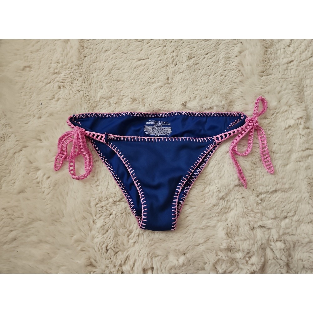 Victoria's Secret Blue & Pink Crochet Trim Side Tie Bikini Bottom Size Medium